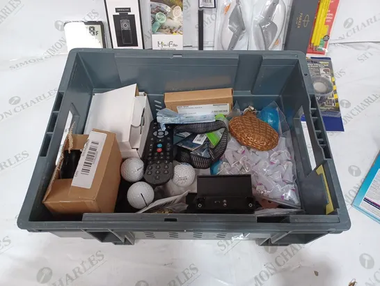 BOX TO CONTAIN APPROX. 20 X ASSORTED HOUSEHOLD PRODUCTS. INCLUDES TV REMOTES, GOLF BALLS, PARKER PEN, FANS ETC 