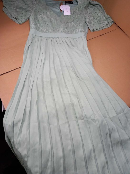 LITTLE MISSTRESS SAGE PLEATED/LACE STYLE DETAILED DRESS - SIZE 14