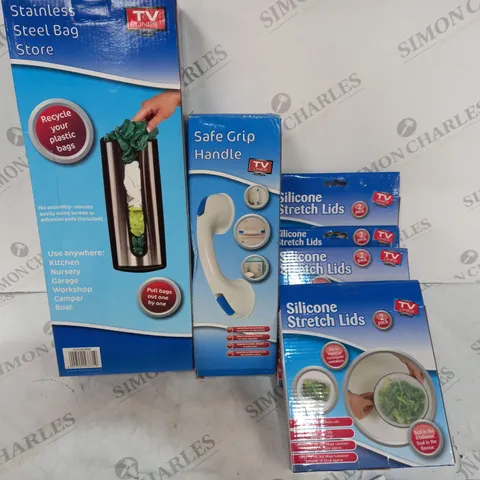 BOX OF 5 HOME ITEMS TO INCLUDE STAINLESS STEEL BAG STORE, SAFE HANDLE, SILICONE STRETCH LIDS