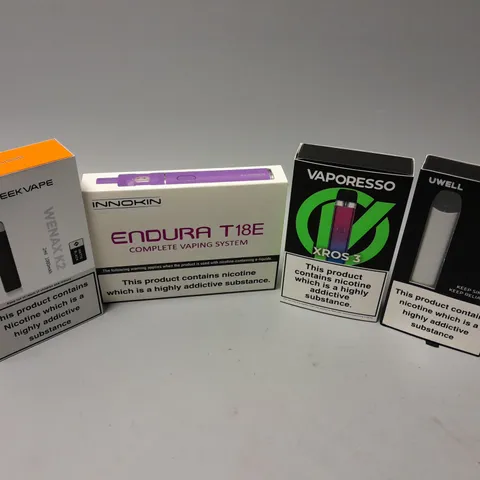 APPROXIMATELY 10 ASSORTED E-CIGS & VAPES TO INCLUDE INNOKIN ENDURA T18E COMPLETE VAPING SYSTEM, VAPORESSO XROS3, UWELL CALIBURN A3, ETC