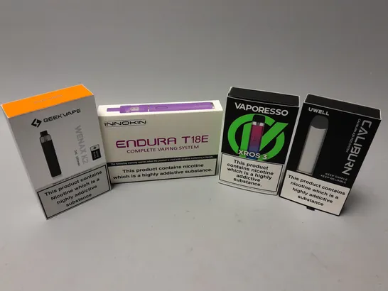 APPROXIMATELY 10 ASSORTED E-CIGS & VAPES TO INCLUDE INNOKIN ENDURA T18E COMPLETE VAPING SYSTEM, VAPORESSO XROS3, UWELL CALIBURN A3, ETC