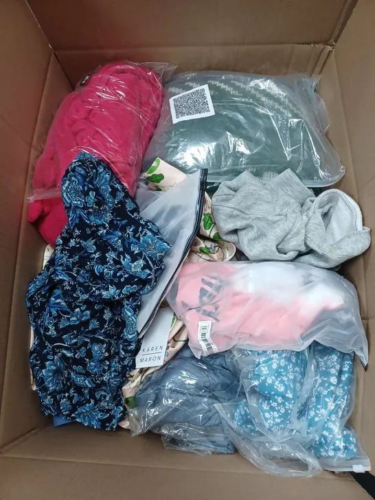 BOX OF APPROXIMATELY 22 ASSORTED CLOTHING ITEMS TO INCLUDE - T-SHIRT , TROUSERS , SKIRT ETC