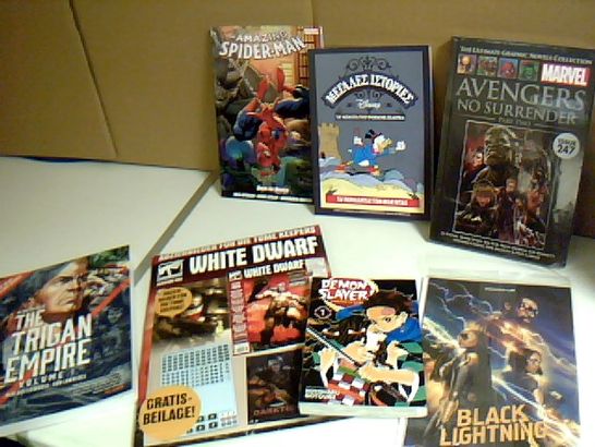 ASSORTMENT OF 7 BOOKS/COMICS INCLUDING THE TRIGAN EMPIRE, THE AVENGERS NO SURRENDER AND DEMON SLAYER 