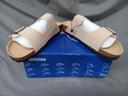 BOXED PAIR OF BIRKENSTOCK OPEN TOE SANDALS IN BEIGE EU SIZE 42