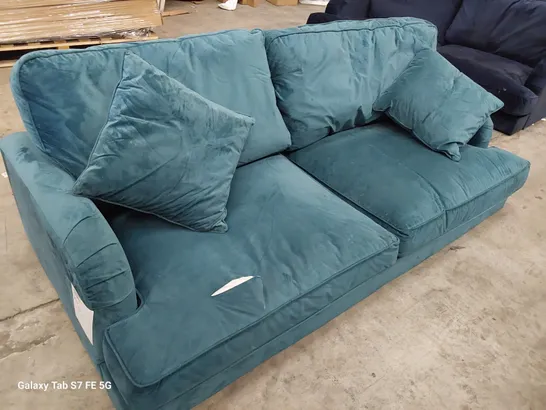 DESIGNER PAYTON THREE SEATER SOFA TURQUOISE PLUSH FABRIC 