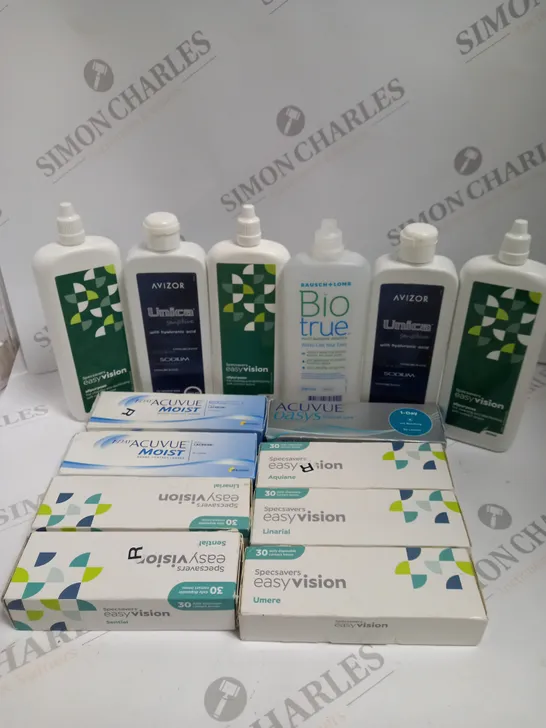 BOXED LOT TO CONTAIN APPROX. 25 X ASSORTED VISION CARE PRODUCTS. INCLUDES PACKS OF CONTACT LENSES & CONTACT LENSE CLEANING SOLUTION. BRANDS VARY