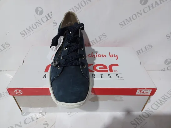 BOXED PAIR OF RIEKER WEDGE TRAINERS IN NAVY SIZE 6.5