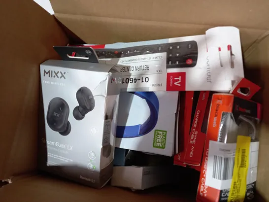 LOT OF ASSORTED ITEMS TO INCLUDE MIXX STREAMBUDS LX, BLACKWEB 3 WAY HDMI SELECTOR, BLACKWEB SYNC AND CHARGE CABLE, ONE FOR ALL CONTOUR UNIVERSAL REMOTE, ETC. 