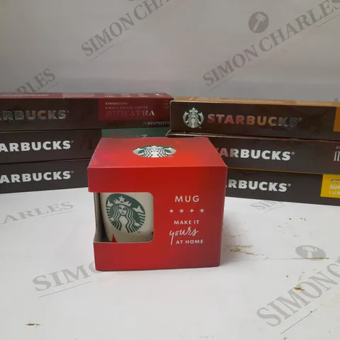 LOT OF APPROX 7 ASSORTED STARBUCKS PRODUCTS TO INCLUDE ITALIAN STYLE ROAST PODS, SUNNY DAY BLEND PODS, MAKE IT YOURS AT HOME MUG, ETC