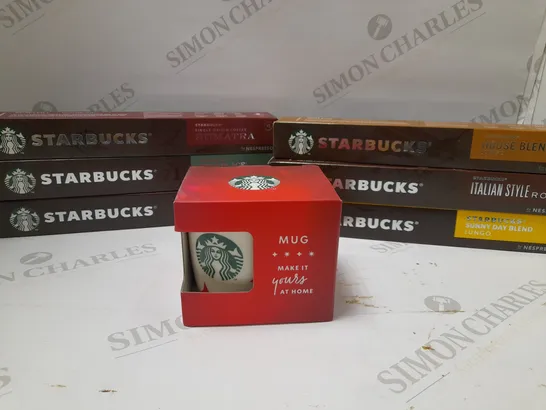 LOT OF APPROX 7 ASSORTED STARBUCKS PRODUCTS TO INCLUDE ITALIAN STYLE ROAST PODS, SUNNY DAY BLEND PODS, MAKE IT YOURS AT HOME MUG, ETC