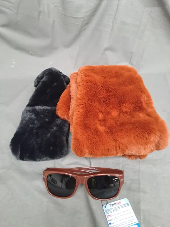 LARGE BOX OF ASSORTED ITEMS TO INCLUDE GLASSES, HEAD SCARFS AND PURSES