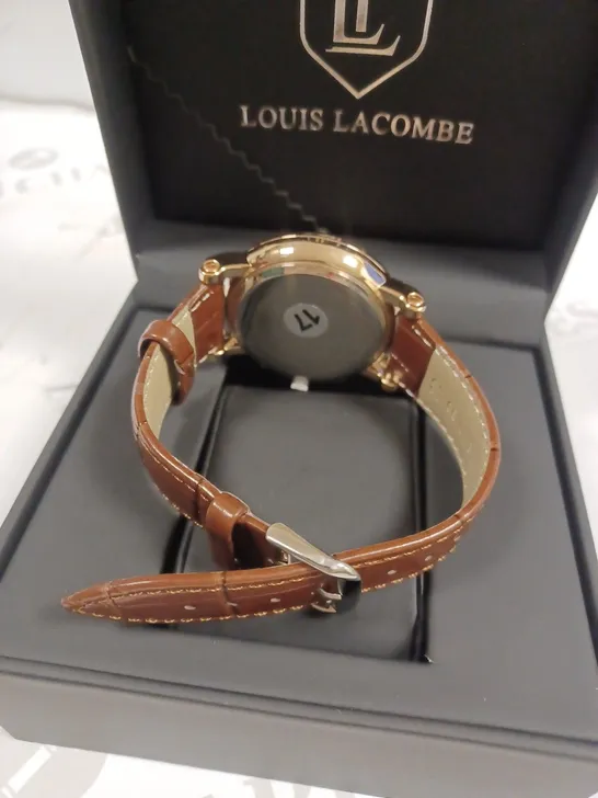 LOUIS LACOMBE CHRONOGRAPH ROMAN NUMERAL WAVE TRIPLE DIAL BROWN LEATHER STRAP WRISTWATCH 