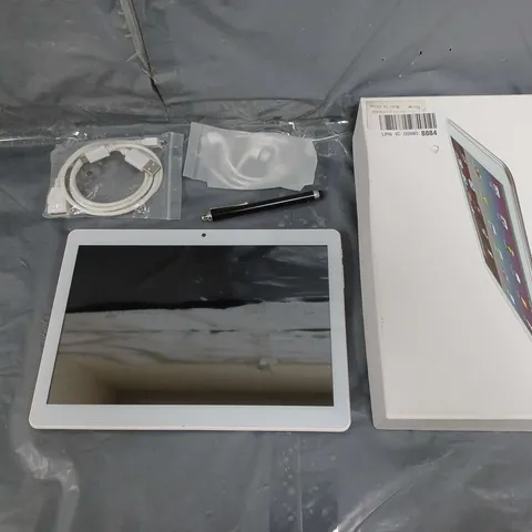 BOXED TABLET IN GREY WITH EARBUDS, STENCIL, AND WIRE