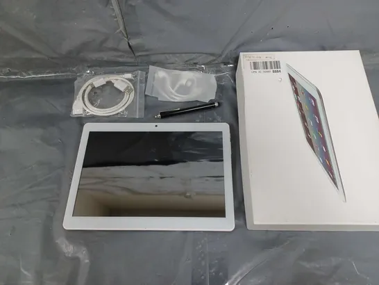 BOXED TABLET IN GREY WITH EARBUDS, STENCIL, AND WIRE