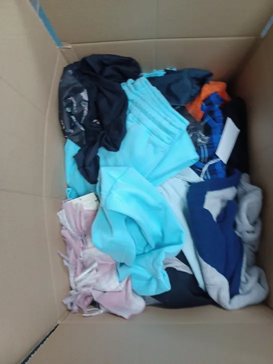 BOX OF ASSORTED CLOTHING ITEMS TO INCLUDE JUMPERS, TOPS, TRACKPANTS ETC