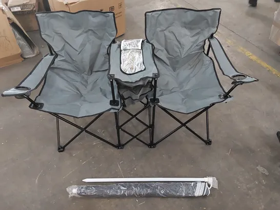 BAGGED 2 PERSON PORTABLE CAMPING CHAIR WITH COOL STORAGE COMPARTMENT, CUP HOLDERS AND PARASOL