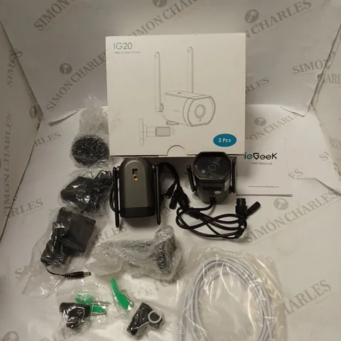 BOXED IEGEEK OUTDOOR CAMERA - MODEL IG20 - WITH TWO CAMERAS AND POWER SUPPLIES, MOUNTINGS, FITTINGS, CABLES AND USER MANUAL 