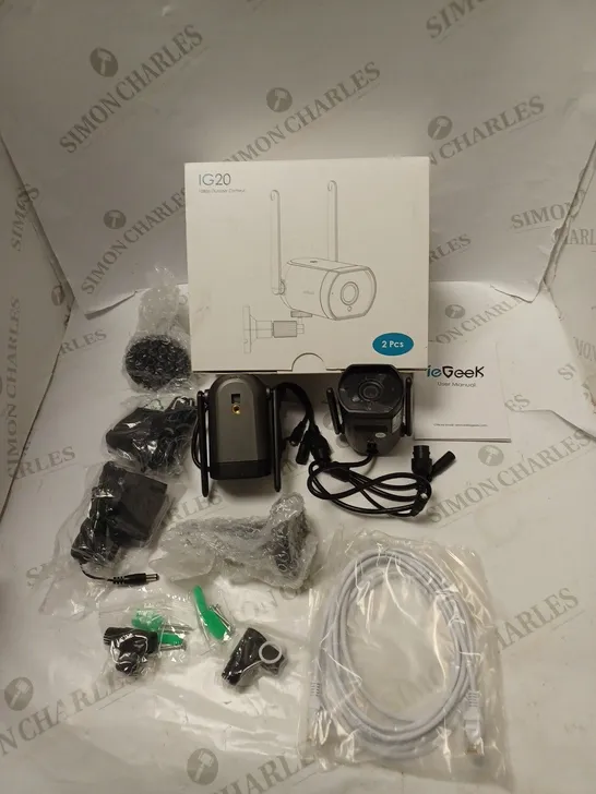 BOXED IEGEEK OUTDOOR CAMERA - MODEL IG20 - WITH TWO CAMERAS AND POWER SUPPLIES, MOUNTINGS, FITTINGS, CABLES AND USER MANUAL 