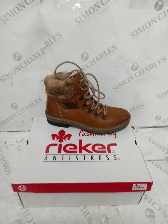 BOXED PAIR OF RIEKER LACE UP ANKLE BOOTS - TAN - UK SIZE 5