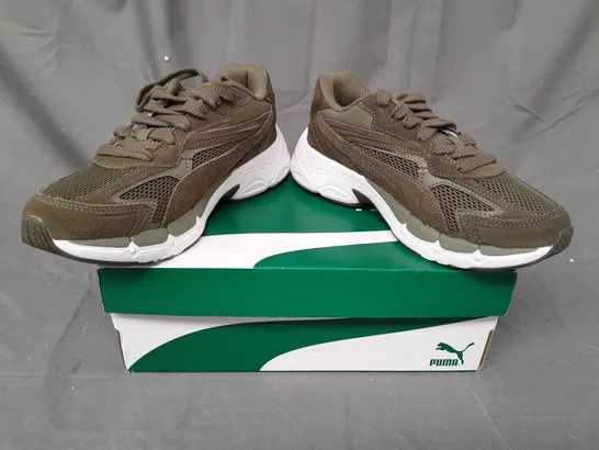 BOXED PAIR OF PUMA TEVERIS NITRO SHOES IN BURNT OLIVE UK SIZE 4