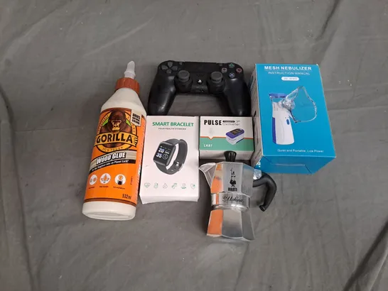 BOX OF APPROXIMATELY 15 ASSORTED ITEMS TO INCLUDE - GORILLA WOOD GLUE , PLAYSTATION 4 CONTROLLER , SMART BRACELET ETC