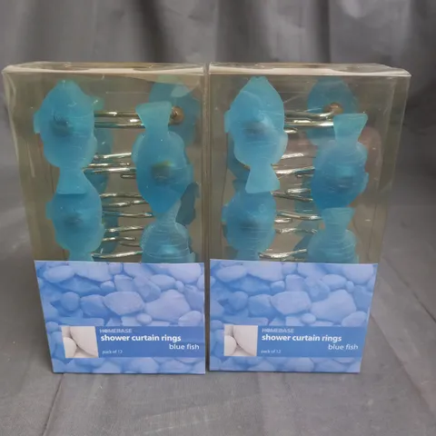 BOX OF APPROXIMATELY 15 BOXED SET OF 2 BLUE FISH SHOWER CURTIN HOOKS 