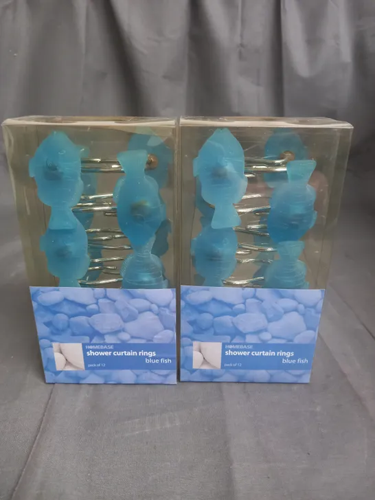 BOX OF APPROXIMATELY 15 BOXED SET OF 2 BLUE FISH SHOWER CURTIN HOOKS 