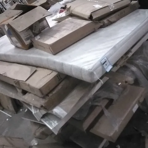 PALLET OF ASSORTED FURNITURE ITEMS INCLUDING OTTOMAN BED PARTS, TOILET SEATS, THIN MATTRESS, DINING TABLE PARTS ETC