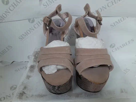 BOXED PAIR OF KRUSH OPEN TOE STRAP PLATFORM SHOES IN MINK - SIZE 5