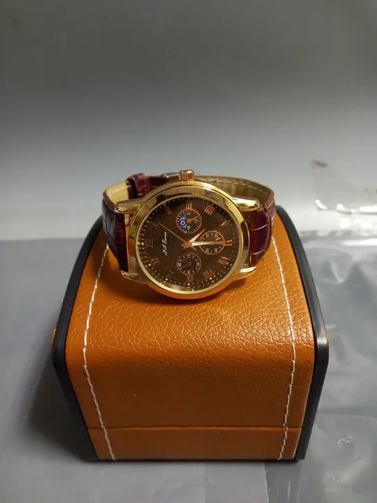 LA BANUS MENS WATCH IN GOLD WITH BURGUNDY TEXTURED LEATHER STRAP 