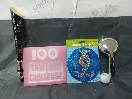 BOX OF APPROXIMATELY 15 ASSORTED ITEMS TO INCLUDE - JUMBO BADGE I AM 9 TODAY , SHOWER HEAD , SRIXON GOLF BALL ETC