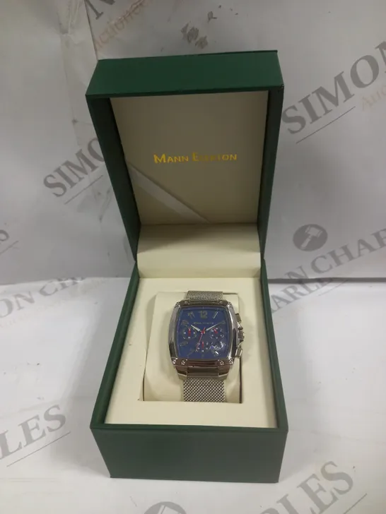 BOXED MANN EGERTON IMPACT STEEL BLUE DIAL MESH STRAP WATCH 