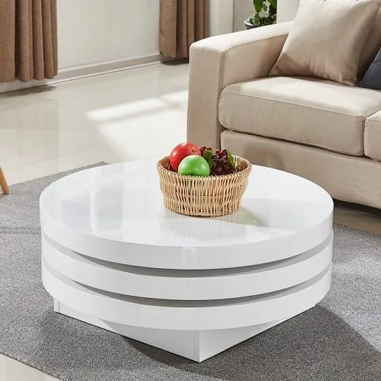 TRIPLO ROUND HIGH GLOSS ROTATING COFFEE TABLE IN WHITE 80X80X32CM (2 BOXES)