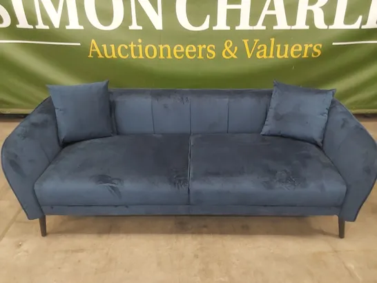 DESIGNER LOREN 3 SEATER BLUE VELVET UPHOLSTERED SOFA 