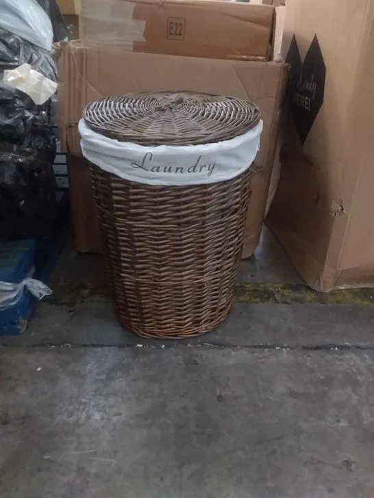 DARK WOODEN WICKER LAUNDRY BASKET 