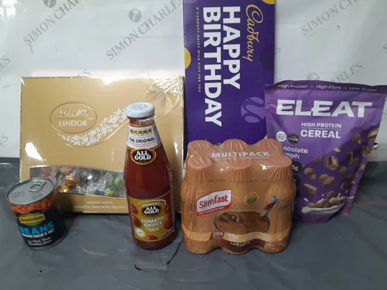 LOT OF 6 ASSORTED FOOD ITEMS TO INCLUDE SLIMFASTBOTTLES, LINDOR CHOCOLATE ALL GOLD TOMATO SAUCE