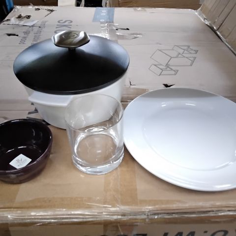 4 BOXES OF APPROXIMATELY 19 ITEMS INCLUDING REVOL SMALL PURPLE BOWL, REVOL CERAMIC BOWL WITH LID, SHORT DRINKING GLASS, CERAMIC PLATE SET