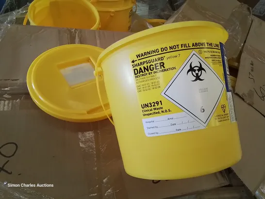 PALLET OF APPROXIMATELY 80 SHAPRGUARD YELLOW 7 HAZARDOUS WASTE BUCKETS & LIDS