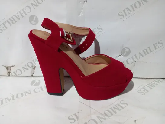 BOXED PAIR OF CORE COLLECTION FAUX SUEDE HEELS IN RED UK SIZE 5