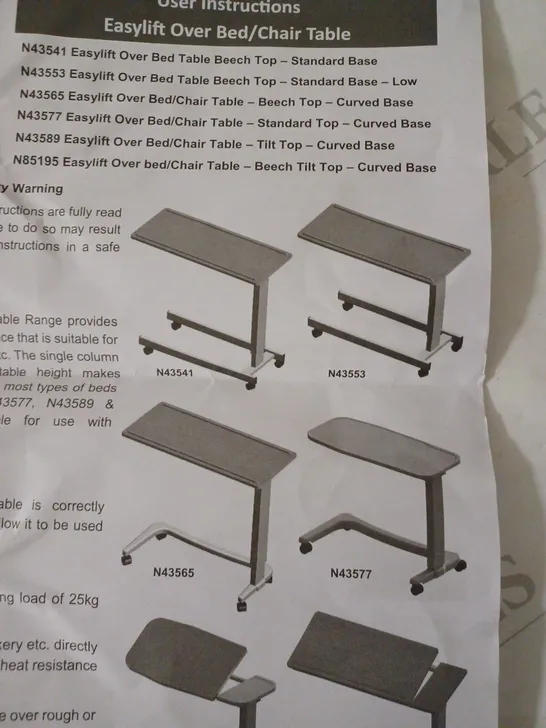 NRS HEALTHCARE EASYLIFT OVERBED/OVER CHAIR TABLE BEECH N43541 HEIGHT ADJUSTABLE - STANDARD BASE