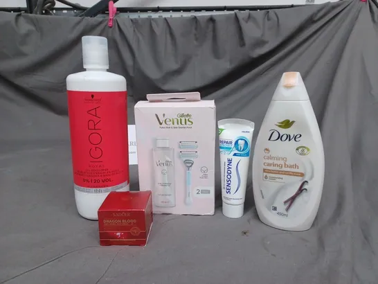 APPROXIMATELY 20 ASSORTED COSMETIC PRODUCTS TO INCLUDE DOVE CALMING BATH SOAK, SENSODYNE TOOTHPASTE, AND VENUS RAZOR