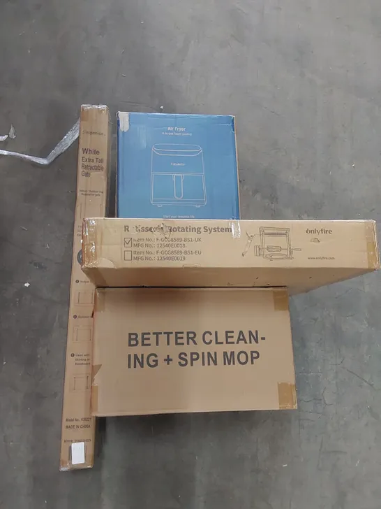 PALLET OF ASSORTED ITEMS INCLUDING SPIN MOP, ROTISSERIE ROTATING SYSTEM, AIR FRYER, RETRACTABLE GATE, STROLLER