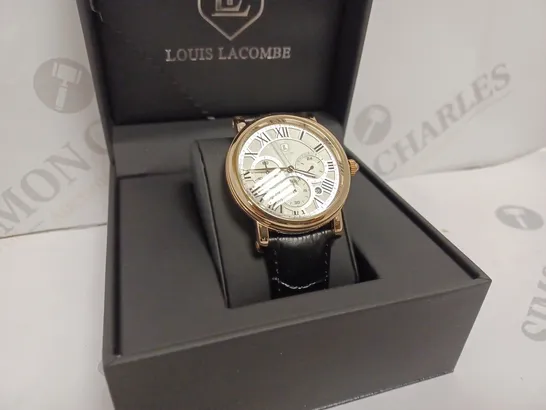 LOUIS LACOMBE MENS CHRONOGRAPH WATCH - MULTI FUNCTION DIAL WITH DATE - ROMAN NUMERAL DIAL- STAINLESS STEEL ROSE GOLD CASE - LEATHER STRAP - 3ATM WATER RESISTANT - DISPLAY BOX