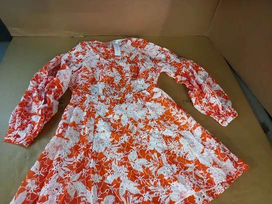 TOPSHOP ORANGE FLORAL PUFF SLEEVE DRESS - UK 10