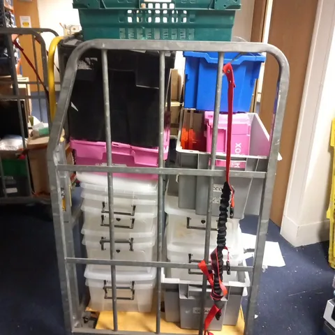 CAGE OF ASSORTED STORAGE BOXES AND CONTAINERS