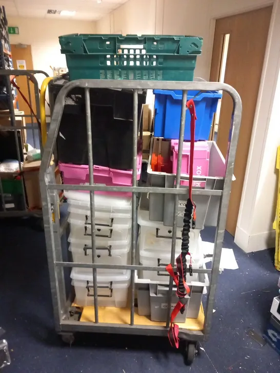 CAGE OF ASSORTED STORAGE BOXES AND CONTAINERS