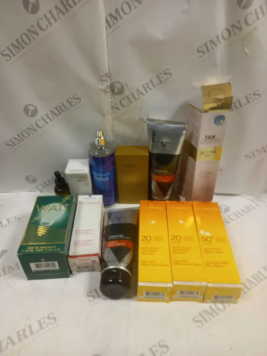 APPROXIMATELY 10 ASSORTED HEALTH & BEAUTY PRODUCTS TO INCLUDE SELF TAN OIL, CLARINS SUN CARE MILK, GOLD SHAVING LOTION ETC 