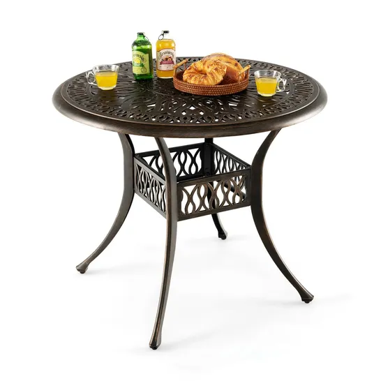 BOXED COSTWAY ROUND PATIO DINING TABLE BISTRO TABLE MADE OF CAST ALUMINIUM WITH UMBRELLA HOLE Ø90 X 74 CM - BROWN