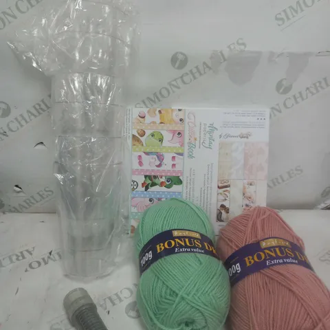 BOX OF APPROXIMATELY 10 ASSORTED ITEMS TO INCLUDE - YARN, TORCH, CUPS ETC