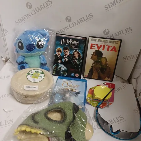 BOX OF APPROXIMATELY 10 ASSORTED ITEMS TO INCLUDE DVD'S, STITCH TOY, SUNGLASSES ETC